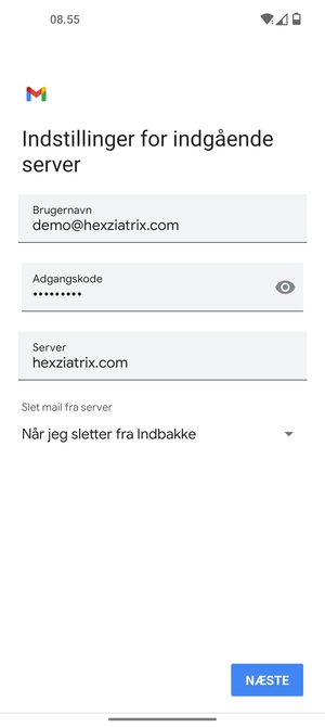 Indtast Brugernavn og indgående serveradresse. Vælg NÆSTE