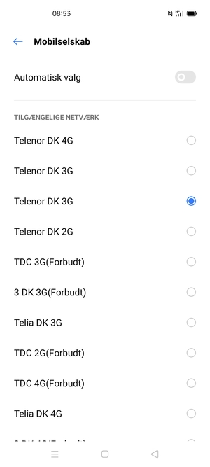 Vælg en netværksudbyder fra listen