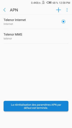Votre téléphone va être réinitialisé avec les paramètres Internet et MMS par défaut