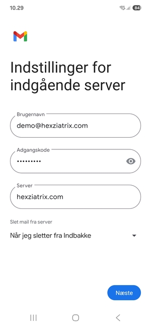 Indtast Brugernavn og indgående serveradresse. Vælg Næste