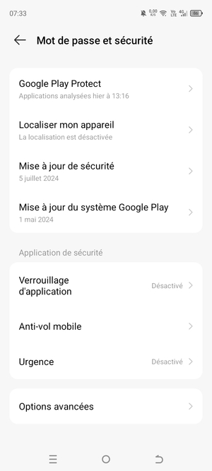 Pour modifier le code PIN de la carte SIM, allez dans le menu Mot de passe et sécurité et sélectionnez Options avancées