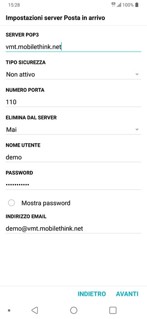 Inserisci l'indirizzo del server arrivo e Nome utente. Seleziona AVANTI