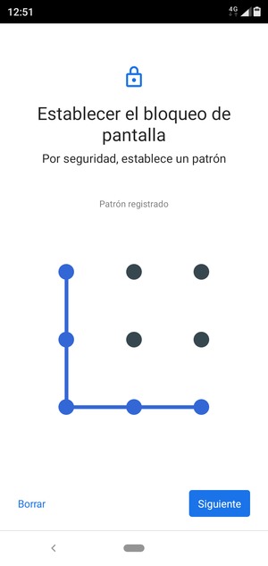 Dibuje un patrón de desbloqueo y seleccione Siguiente