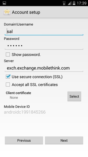 Enter Username and Exchange server address. Select Next