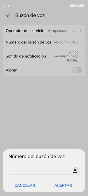 Introduzca el Número del buzón de voz y seleccione ACEPTAR