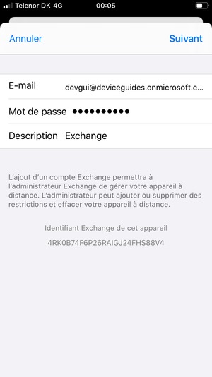Saisissez vos informations de messagerie Exchange et sélectionnez Suivant