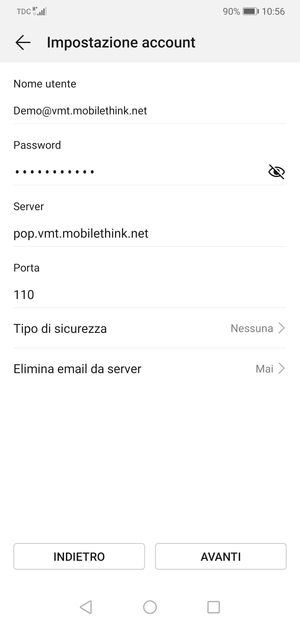 Inserisci Nome utente e l'indirizzo del server di posta in arrivo. Seleziona AVANTI