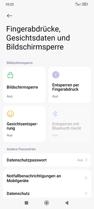 Um Ihre Bildschirmsperre zu aktivieren, gehen Sie zurück zum Fingerabdrücke, Gesichtsdaten und Bildschirmsperre Menü und wählen Sie  Bildschirmsperre