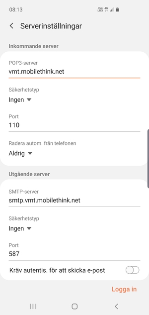 Stäng av Kräv autentis. för att skicka e-post och välj Logga in