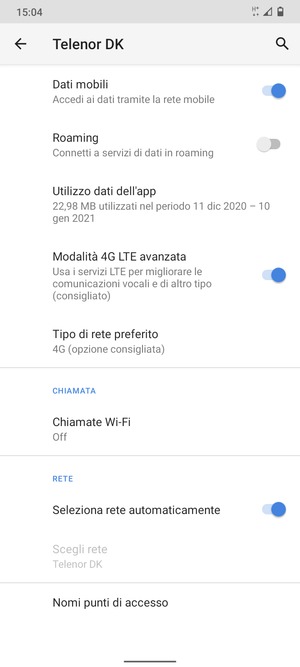 Seleziona Tipo di rete preferito