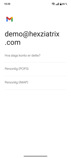 Velg Personlig (POP3) eller Personlig (IMAP)