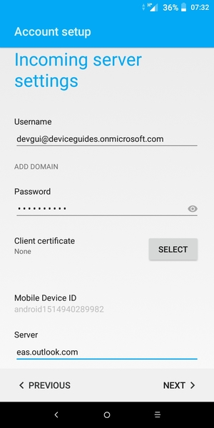 Enter Username and Exchange server address. Select NEXT