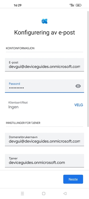 Skriv inn Brukernavn og Exchange serveradresse. Velg Neste