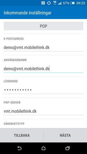 Ange Användarnamn och inkommande serveradress. Välj NÄSTA