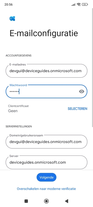 Voer Gebruikersnaam en Exchange serveradres in. Selecteer Volgende