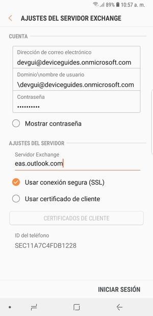 Introduzca Nombre de usuario y la dirección de servidor Exchange. Seleccione INICIAR SESIÓN