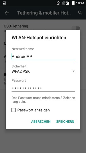 Geben Sie eine WLAN-Hotspot-Passwort mit mindestens 8 Zeichen ein und wählen Sie SPEICHERN