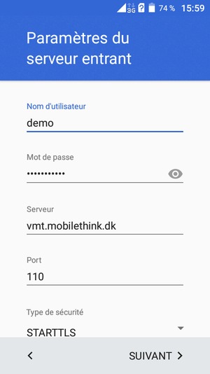 Saisissez votre Nom d'utilisateur et l'adresse du serveur entrant. Sélectionnez SUIVANT