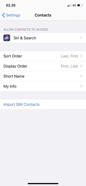 Scroll to and select Import SIM Contacts