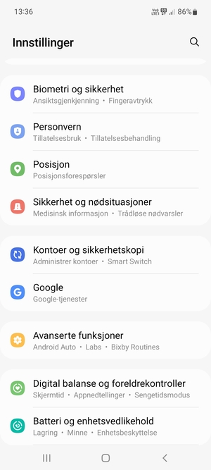Bla til og velg Kontoer og sikkerhetskopi