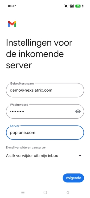 Voer Gebruikersnaam en binnenkomend serveradres in. Selecteer Volgende
