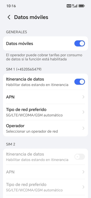 Activar o desactivar Itinerancia de datos