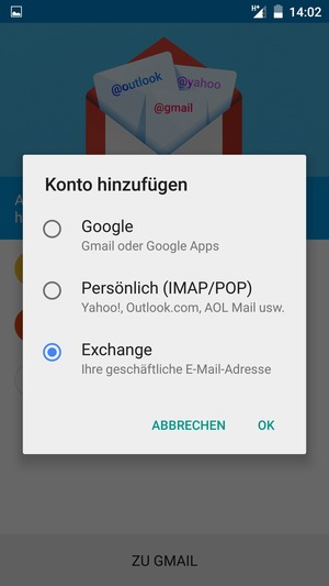 Wählen Sie Exchange und OK
