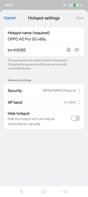 Enter a Wi-Fi hotspot password of at least 8 characters and select Save