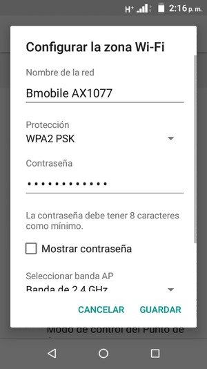Introduzca una contraseña de punto de acceso Wi-Fi de al menos 8 caracteres y seleccione GUARDAR