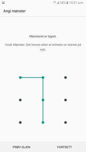 Tegn et opplåsingsmønster og velg FORTSETT
