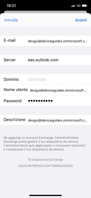 Inserisci informazioni email di Exchange e seleziona Avanti