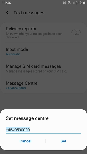 Enter the Message centre number and select Set