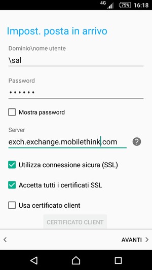 Inserisci Nome utente e l'indirizzo del server Exchange. Seleziona AVANTI