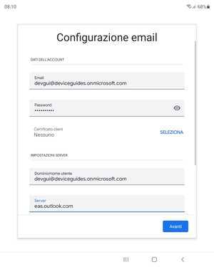 Inserisci Nome utente e l'indirizzo del server Exchange. Seleziona Avanti