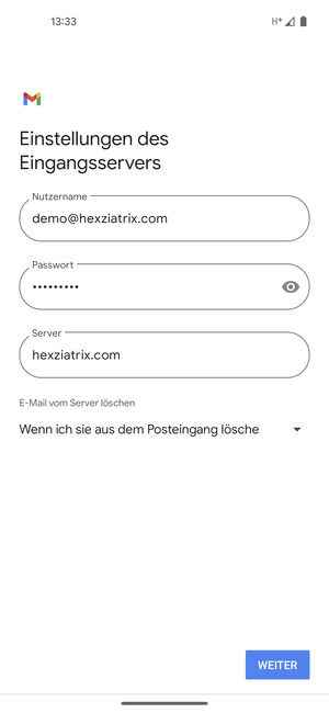 Geben Sie Benutzername und die Server-Adresse für eingehende Post ein. Wählen Sie WEITER