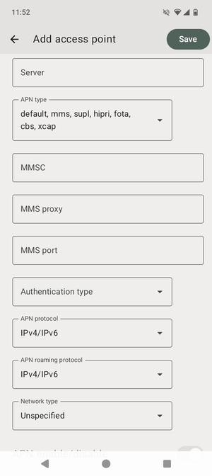 Scroll to and select APN type