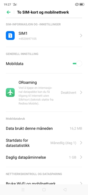 Velg SIM1 eller SIM2