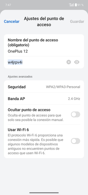 Introduzca una contraseña de punto de acceso Wi-Fi de al menos 8 caracteres y seleccione Guardar