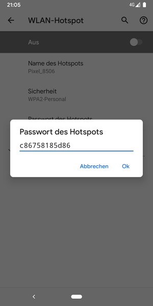 Geben Sie eine WLAN-Hotspot-Passwort mit mindestens 8 Zeichen ein und wählen Sie OK