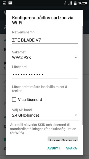 Ange ett lösenord för Wi-Fi-hotspoten, bestående av minst 8 tecken och välj SPARA