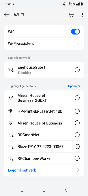 Du er nå koblet til Wi-Fi-nettverket