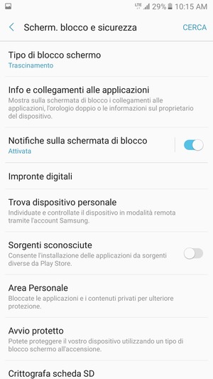 Per attivare il blocco dello schermo, vai al menu Scherm. blocco e sicurezza e seleziona Tipo di blocco schermo