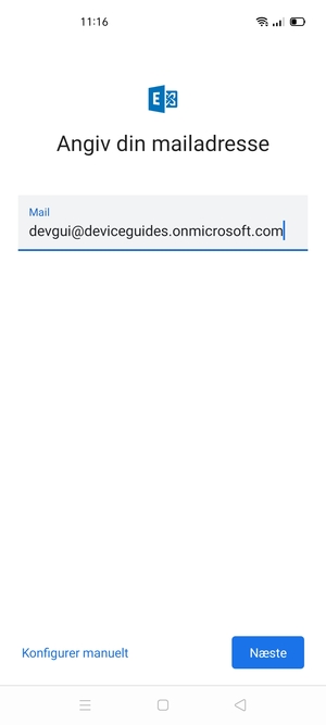 Indtast din e-mailadresse og vælg Konfigurer manuelt