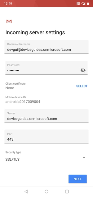 Enter Username and Exchange server address. Select NEXT