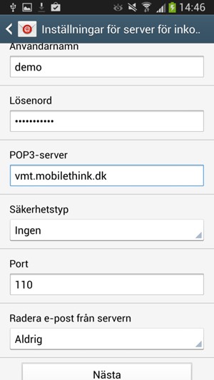 Ange Användarnamn och inkommande serveradress. Välj Nästa