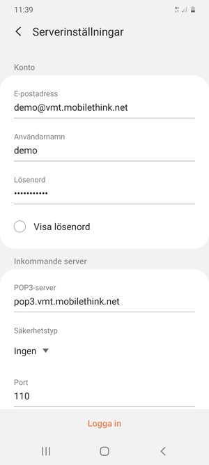 Ange Användarnamn och inkommande serveradress