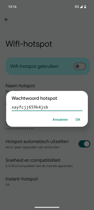Voer een wachtwoord van een WiFi-hotspot in van ten minste 8 tekens en selecteer OK