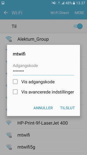 Indtast Wi-Fi adgangskoden og vælg TILSLUT