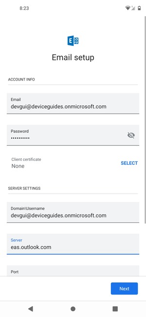 Enter Username and Exchange server address. Select Next