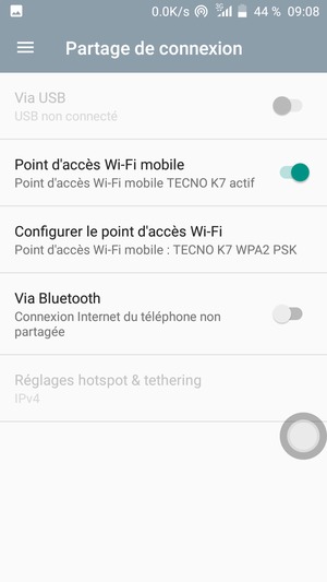 Votre téléphone est maintenant configuré pour être utilisé comme modem